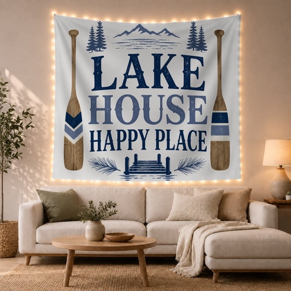 Lake House Happy Place Silhouette With Dock and Paddles, Serene Rustic for Nature Lovers, Rustic Cabin Wall Art Decor, Housewarming Gift Tapestry Wall Hanging for Bedroom and Living Room