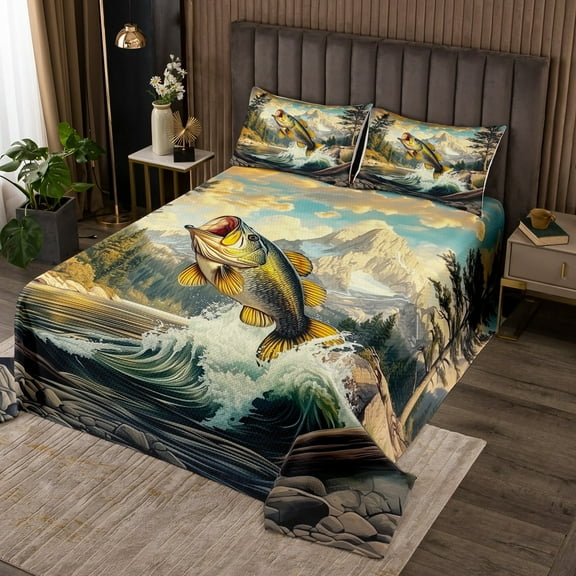 Lake House King Coverlet Set Fishing Theme Quilted 3 Pcs with 2 Pillow Shams Bass Fish Bedding Quilt for Decoration,Microfiber Breathable