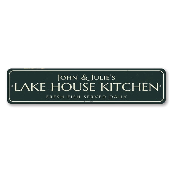Lake House Kitchen Sign, Fresh Fish Served Daily Sign, Custom Chef Name Sign, Restaurant Aluminum Decor - 4x18 inches