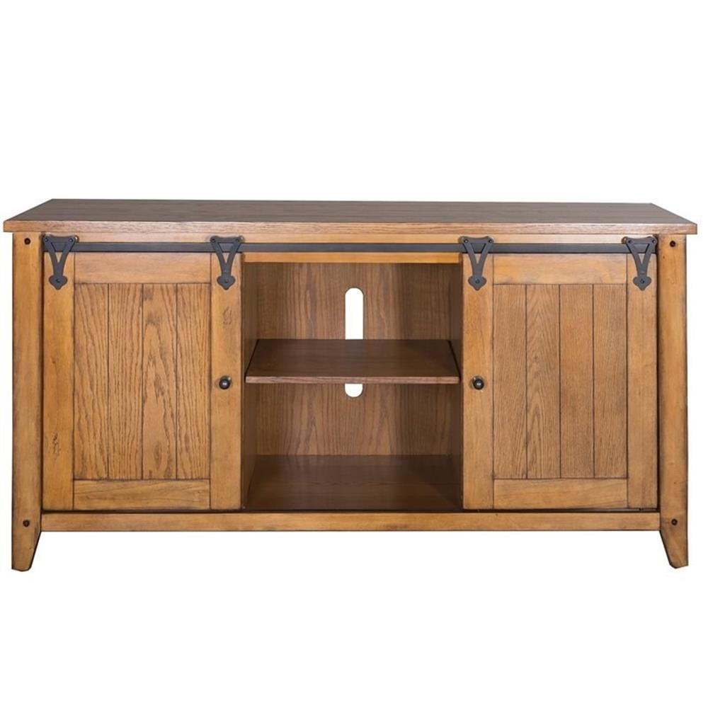 Lake House Oak Finish 60 Inch TV Console with Sliding Barn Doors