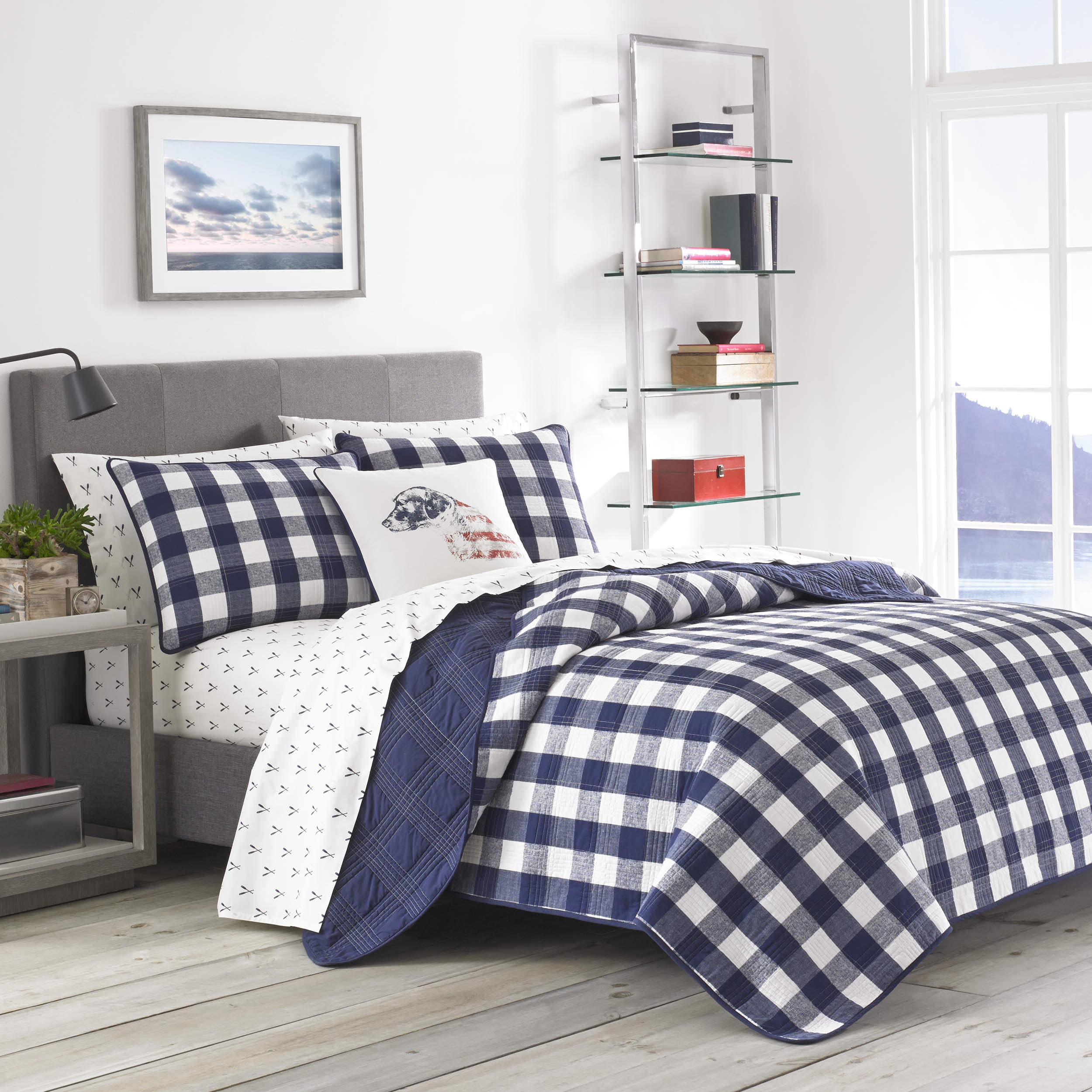 Full Blue Cotton Reversible Plaid Quilt Set