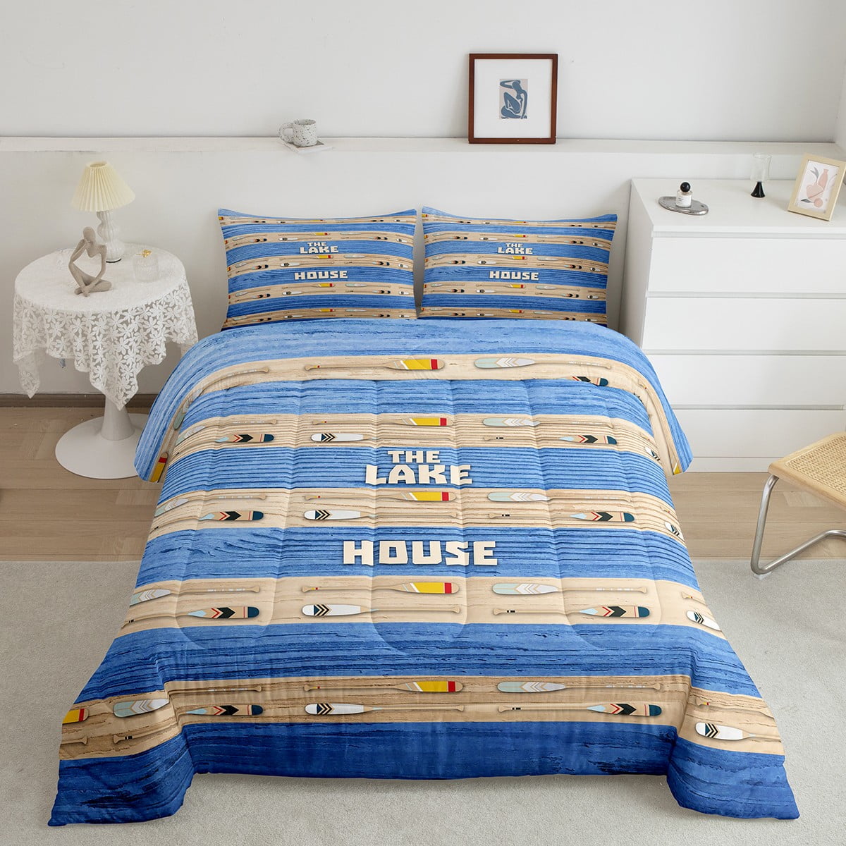 Lake House Quilt, Lake Paddle Decor Comforter Set Full Size For Kids