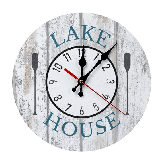 Lake House Round Wooden Wall Clock, Silent Non-Ticking Decor Clock for Home Multi Room Use