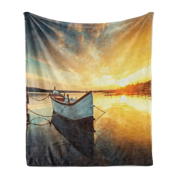 Lake House Soft Flannel Fleece Throw Blanket, Small Boat on the Water with Horizon and Overcast Dramatic Sky Harbor Home, Cozy Plush for Indoor and Outdoor Use, 50" x 60", Pale Yellow, by Ambesonne