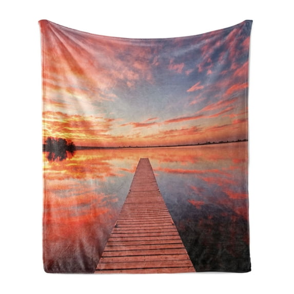 Lake House Soft Flannel Fleece Throw Blanket, View of the Timber Deck Pier over Idyllic Sky at Dawn Scenery Print, Cozy Plush for Indoor and Outdoor Use, 50" x 60", Orange Lavender, by Ambesonne