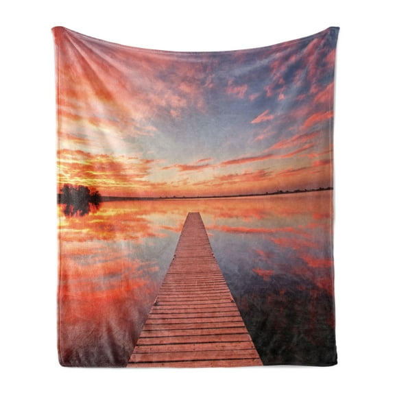 Lake House Soft Flannel Fleece Throw Blanket, View of the Timber Deck Pier over Idyllic Sky at Dawn Scenery Print, Cozy Plush for Indoor and Outdoor Use, 60" x 80", Orange Lavender, by Ambesonne