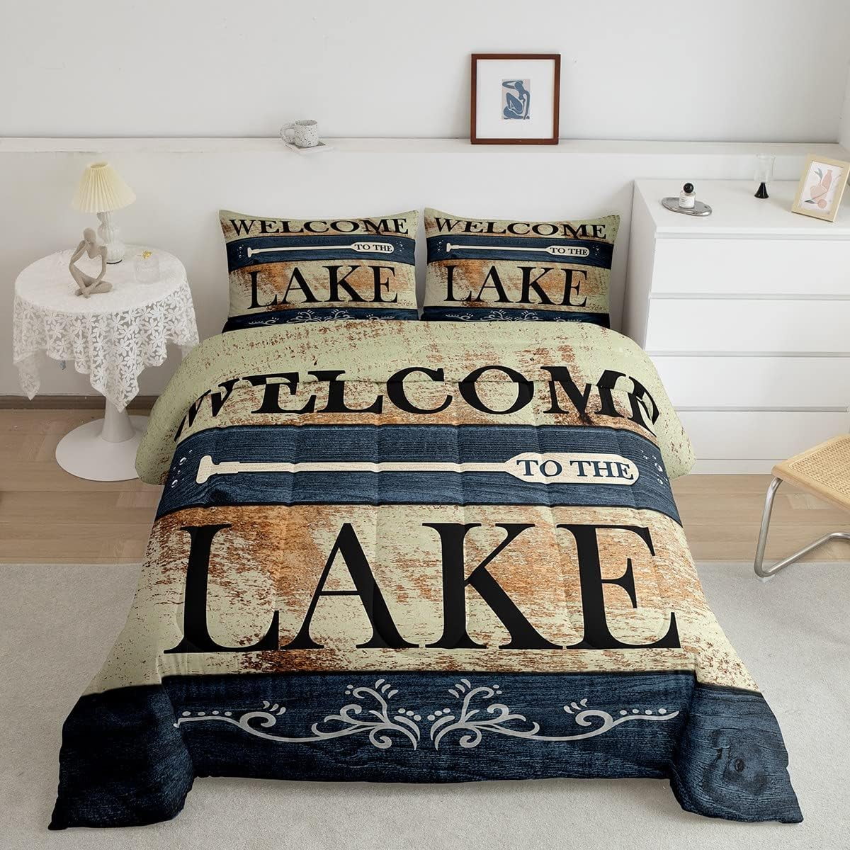 Lake House Twin Size Comforter Set, Retro Paddle Wooden Bedding