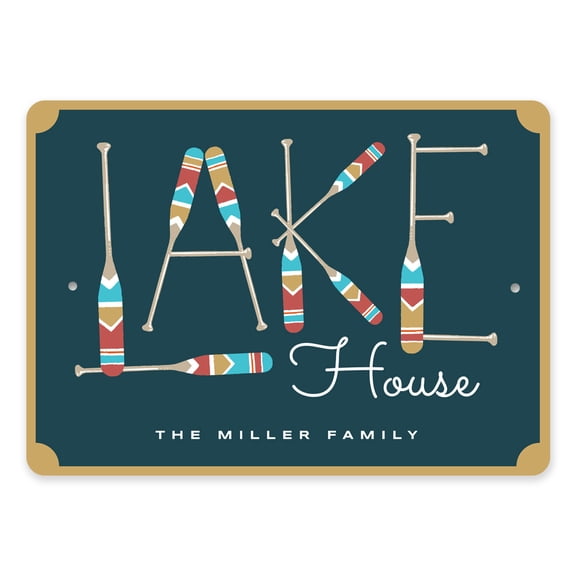 Lake House Wood Paddle Family Name Aluminum Metal Decor Sign - 10x14 inches