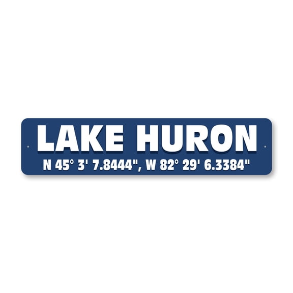 Lake Huron Coordinates Aluminum Metal Decor Sign - 4x18 inches