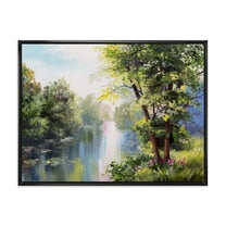 Lake In The Forest Summer Day - Landscape 20 in x 12 in Framed Painting Canvas Art Print, by Designart