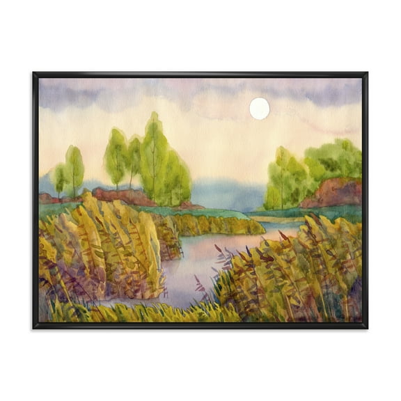 Lake In The Reeds With Full Moon 20 in x 12 in Framed Painting Canvas Art Print, by Designart