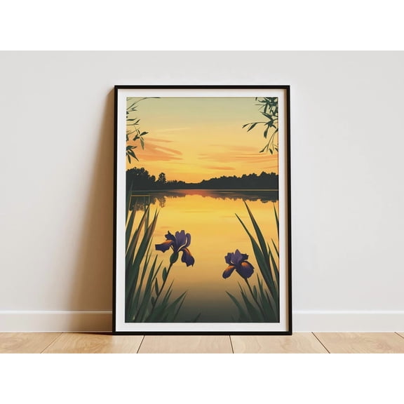 Lake Irises Sunset Golden Hour Nature Botanical Peaceful Landscape Calm Lake Poster Unframed Paper Print