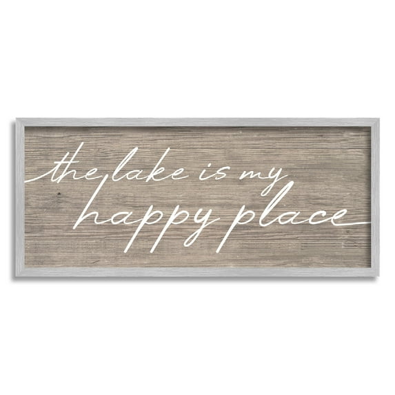 Lake Is Happy Place Phrase Inspirational Graphic Art Gray Framed Art Print Wall Art