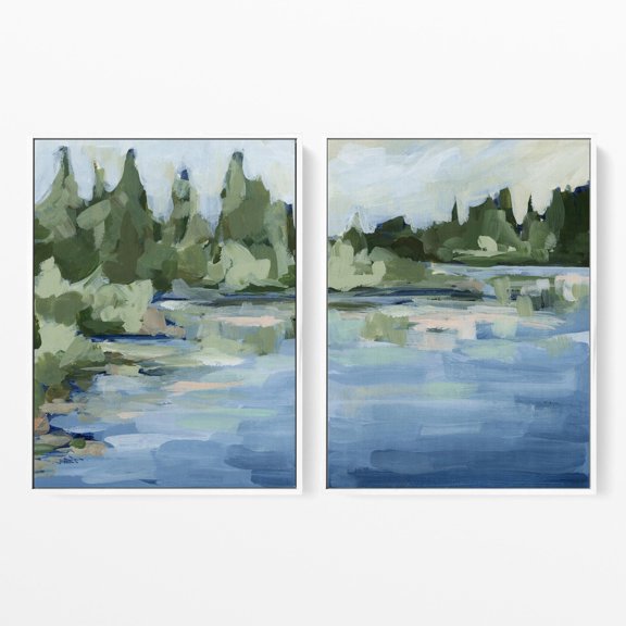 Lake Landscape Painting "Lakefront Views" Home Decor Office Wall Art Set 2