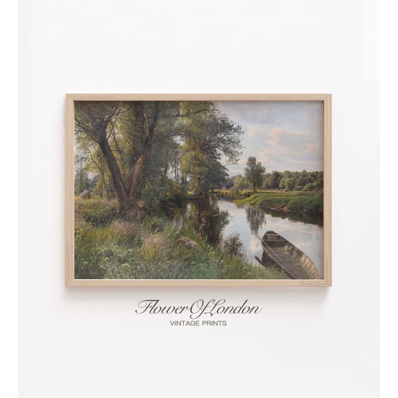 Lake Landscape Print Rustic Vintage Summer Lake with Boat, Unframed Poster