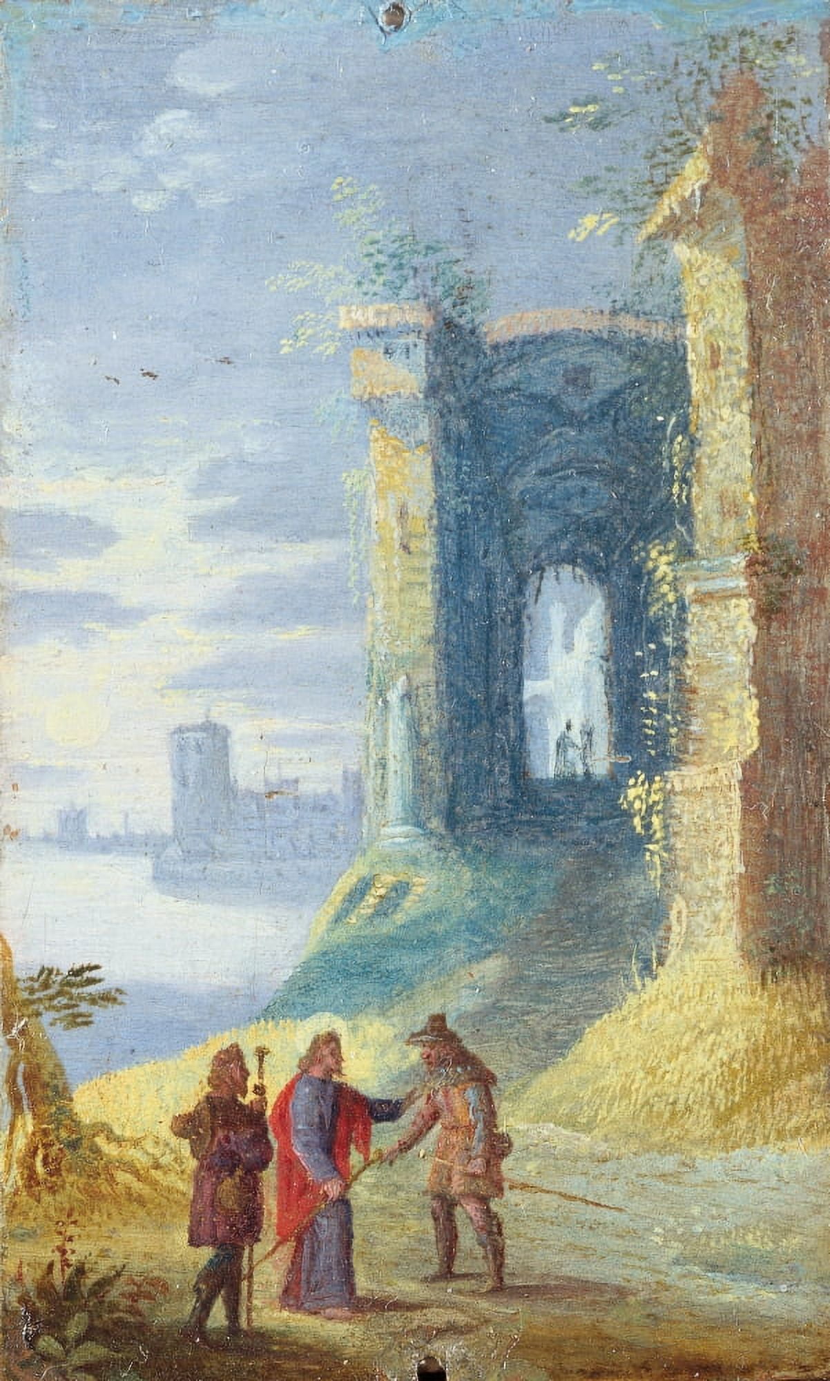 Lake Landscape With Christ Between The Two Disciples Of Emmaus Canvas Art - (24 x 36)