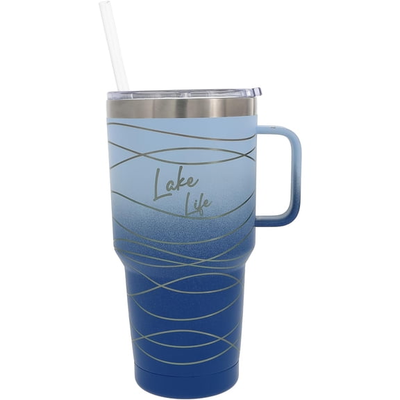 Pavilion Gift Company - Lake Life - Blue Ombre 30 Oz Hot/Cold 6/12 Hr Travel Tumbler Handled Straw Mug Cup Waterfront Boat Stainless Steel Drinkware