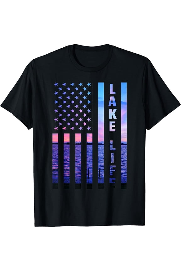 Lake Life American Flag Dock Sunset Wakeboarder Power Boat T-Shirt