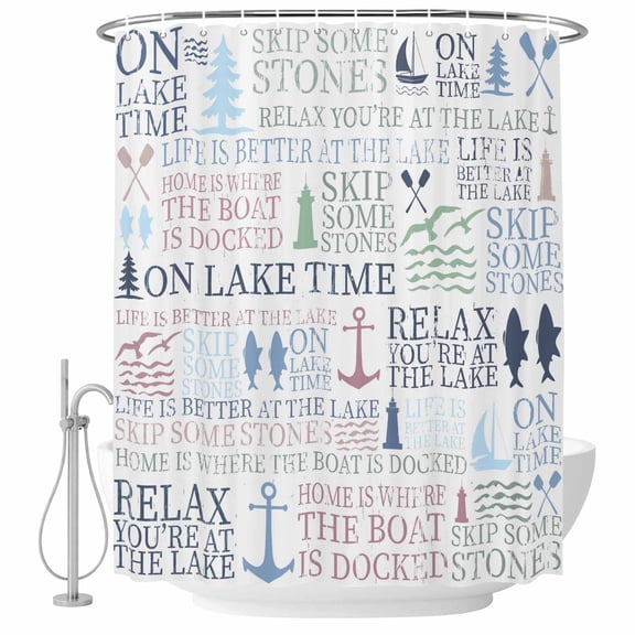 Lake Life Bathroom Shower Curtains with Hooks, Colorful Word Pine Tree Boat Paddle Lighthouse Fish Waterproof Fabric Washable Shower Curtain for Home Hotel Bathtub Decor 72x72 Inch