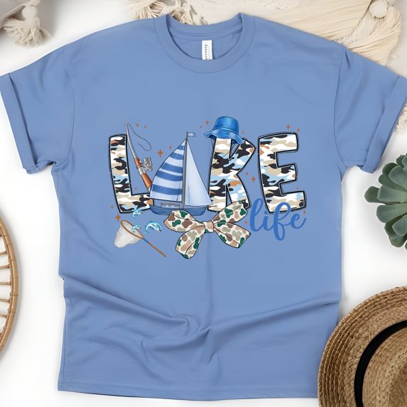 Lake Life Camo T-Shirt, Fishing and Boating Graphic Tee for Summer, CarolinaBlue, Size 3XL