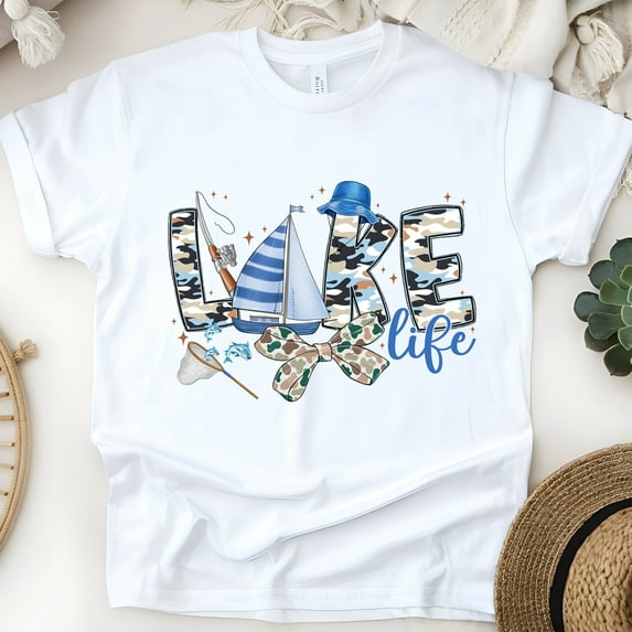 Lake Life Camo T-Shirt, Fishing and Boating Graphic Tee for Summer, White, Size S
