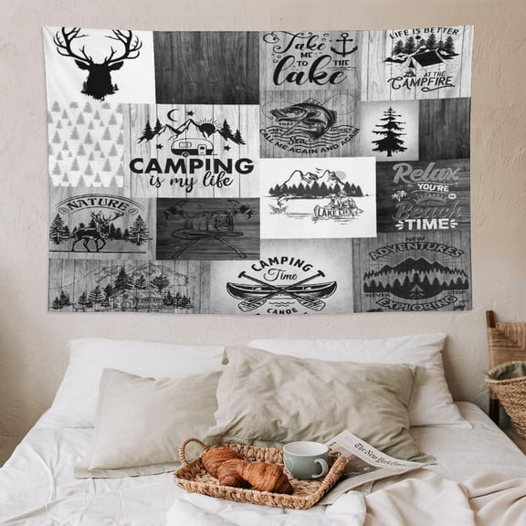 Lake Life Camping Wall Tapestry,Fishing Deer Anchor Pine Grid Kids Boys Men Adult Rustic Cabin Grey Retro Patchwork Plaid Wall Tapestries Hanging for Bedroom Living Room Dorm Party Decor 60x90in