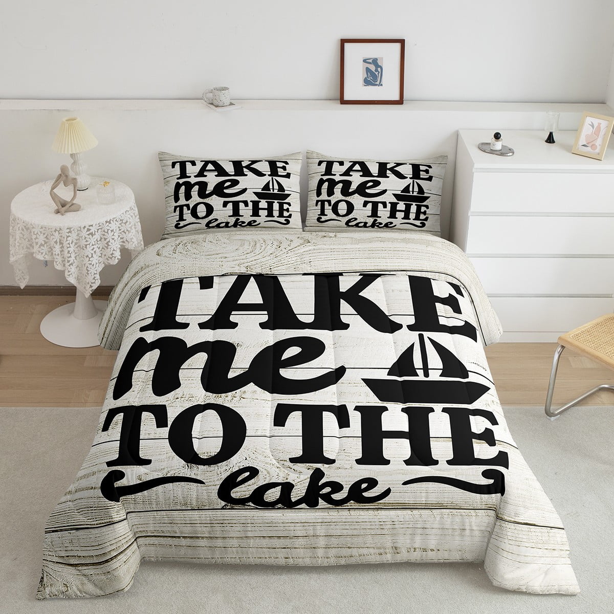 Lake Life Comforter Set Queen Size, Sailboat Wood Grain Bedding Set