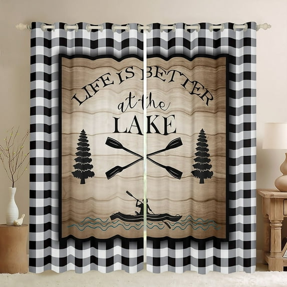 Lake Life Curtains, Rustic Farmhouse Blackout Curtains 38"Wx54"L Geometric Buffalo Plaid Curtains & Drapes Teens Adult, Wooden Barn Door Window Treatments Cabin Lodge Decor,Black White Brown