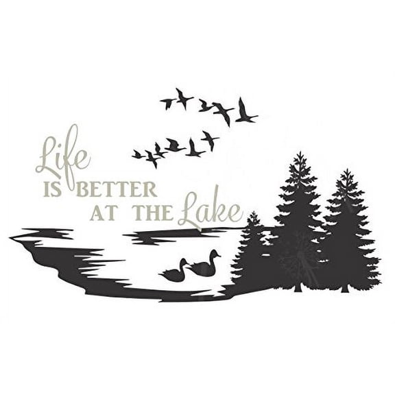 Lake Life Decals Removable Wall Art Quotes Silhouette Camper Decor, Warm/Black, 23x40-Inch