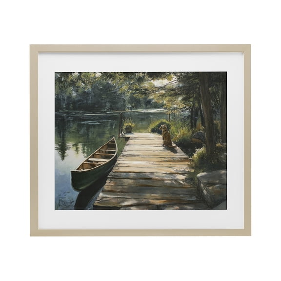Lake Life Dog on Dock Birch Framed Print Under Glass, design by Sara Culpepper