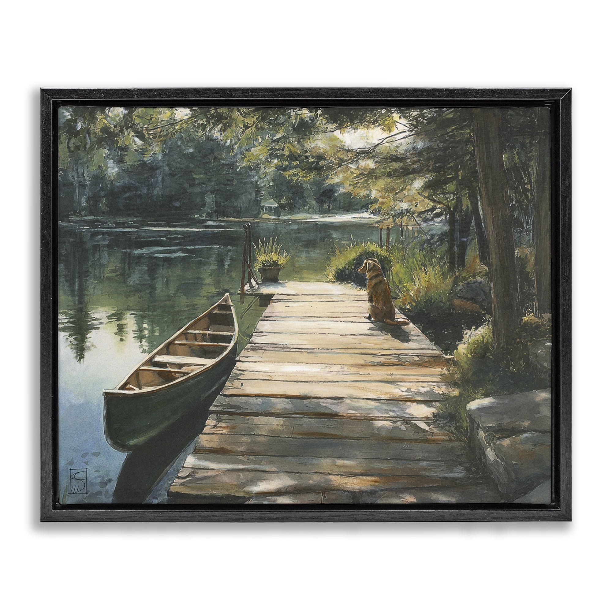 Lake Life Dog on Dock Black Framed Floater Canvas Wall Art, design by Sara Culpepper