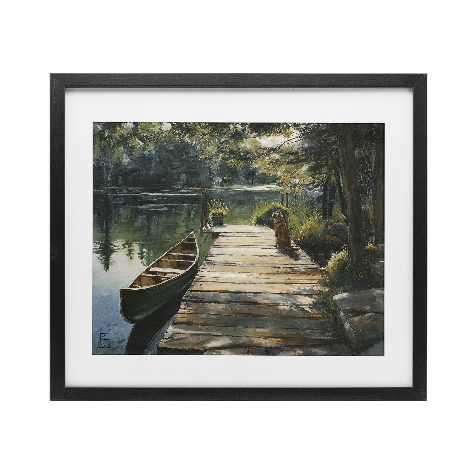 Lake Life Dog on Dock Black Framed Print Under Glass, design by Sara Culpepper