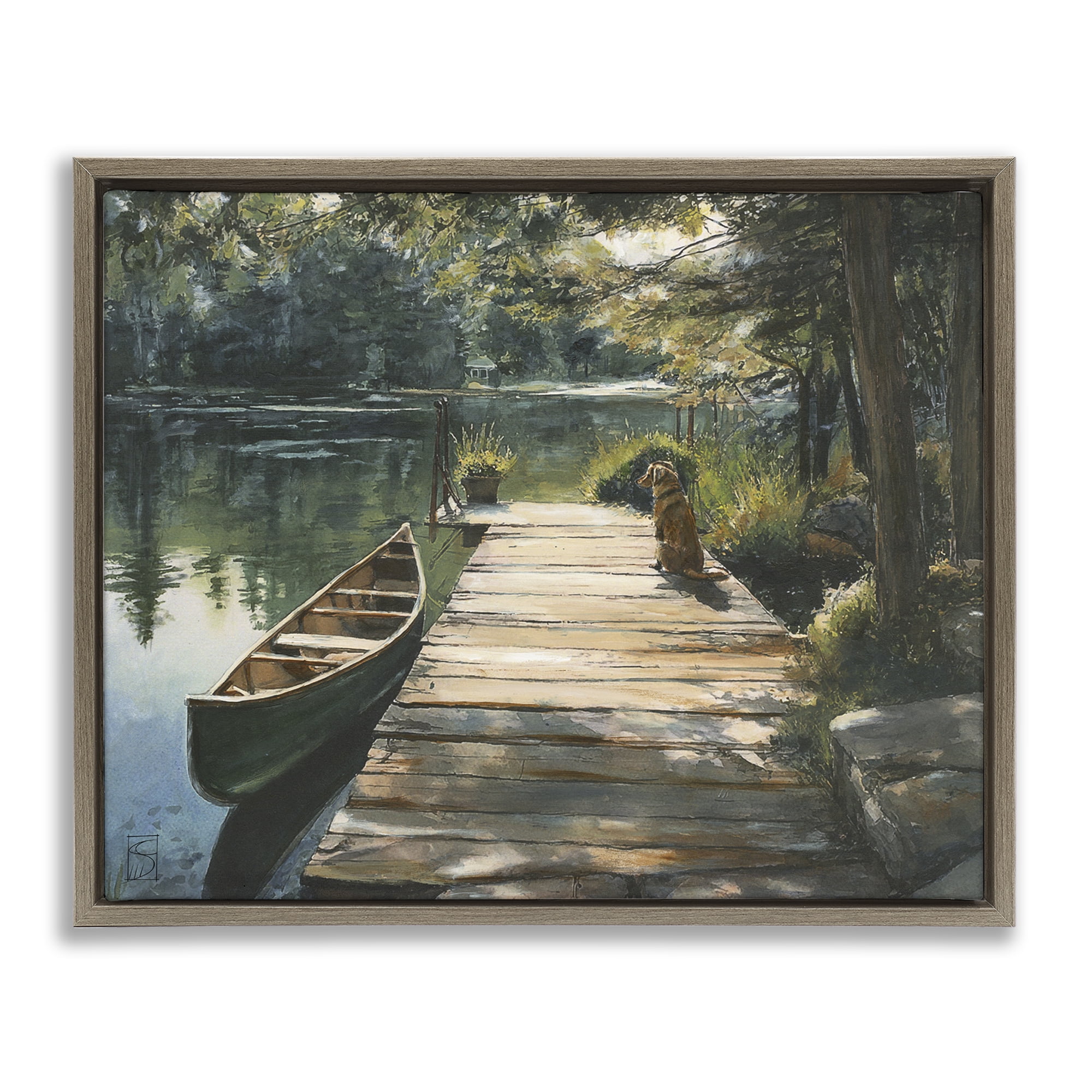 Lake Life Dog on Dock Brown Framed Floater Canvas Wall Art, design by Sara Culpepper