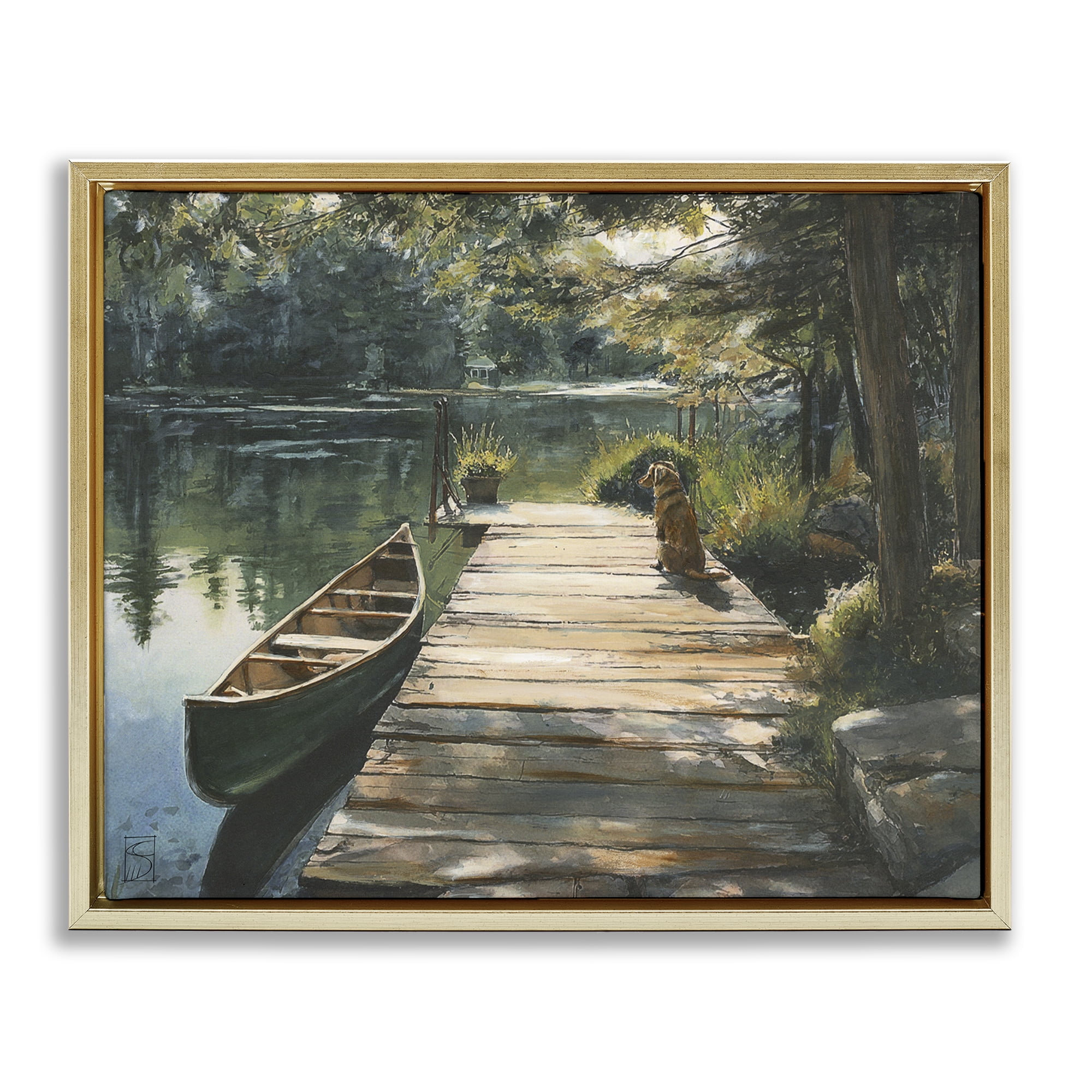 Lake Life Dog on Dock Gold Framed Floater Canvas Wall Art, design by Sara Culpepper