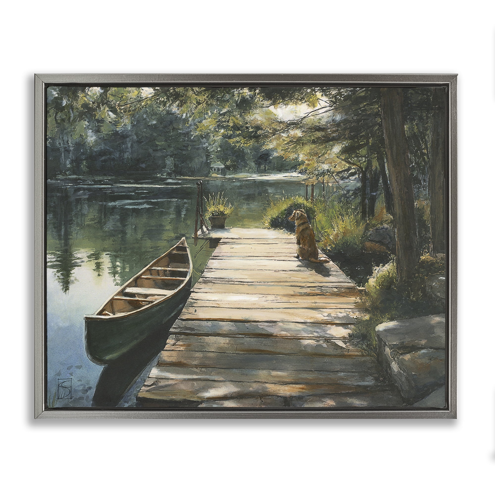 Lake Life Dog on Dock Gray Framed Floater Canvas Wall Art, design by Sara Culpepper