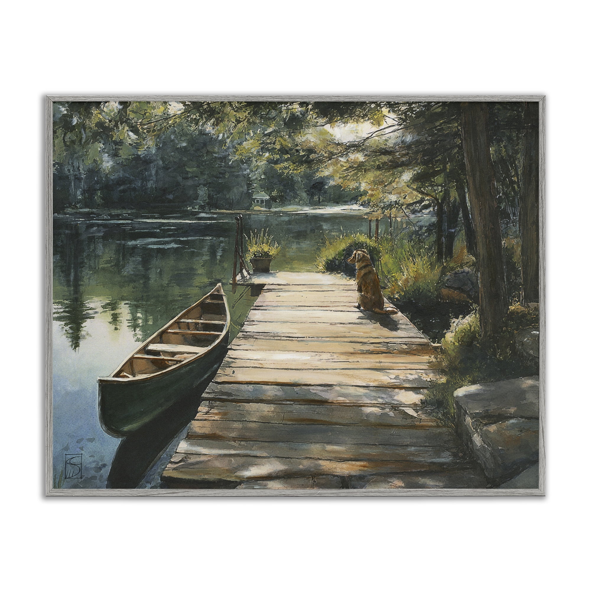 Lake Life Dog on Dock Gray Framed Giclee Art, design by Sara Culpepper