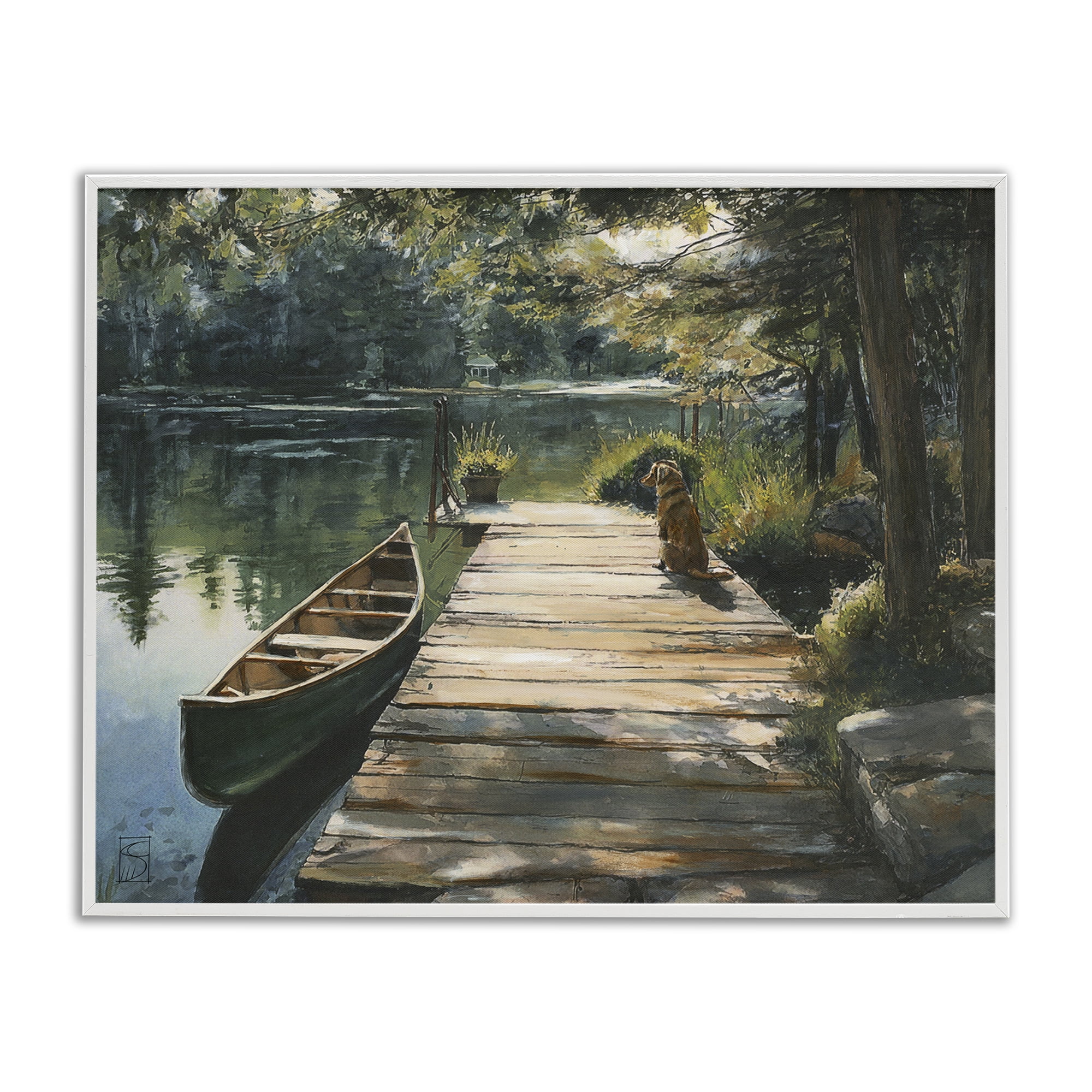 Lake Life Dog on Dock White Framed Giclee Art, design by Sara Culpepper