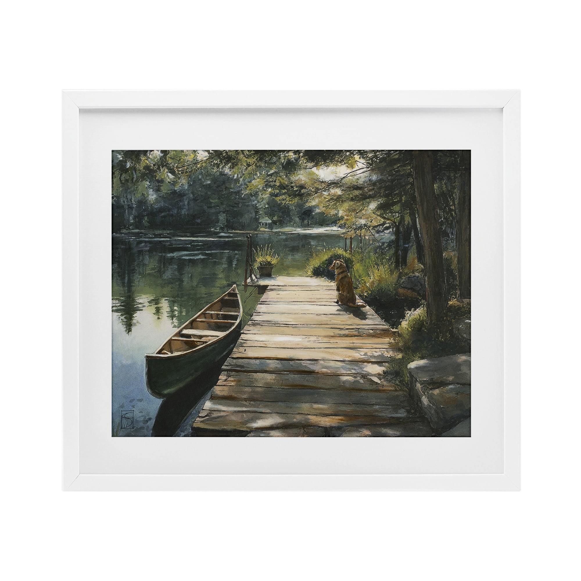 Lake Life Dog on Dock White Framed Print Under Glass, design by Sara Culpepper