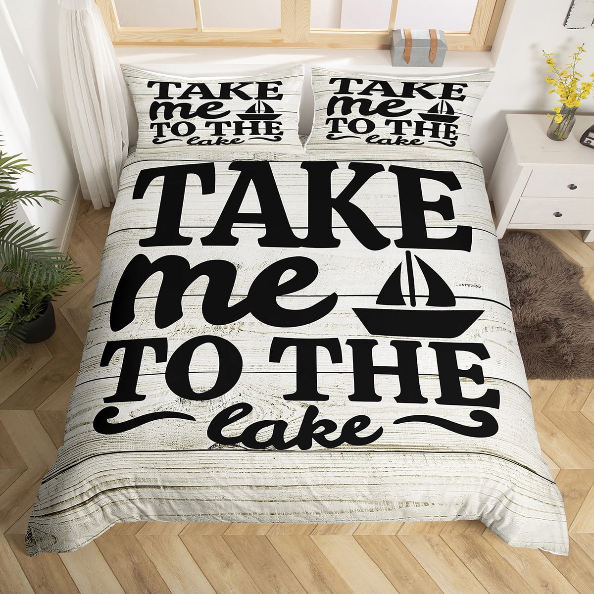 Lake Life Duvet Cover Twin Size, Sailboat Wood Grain Bedding Set Lake