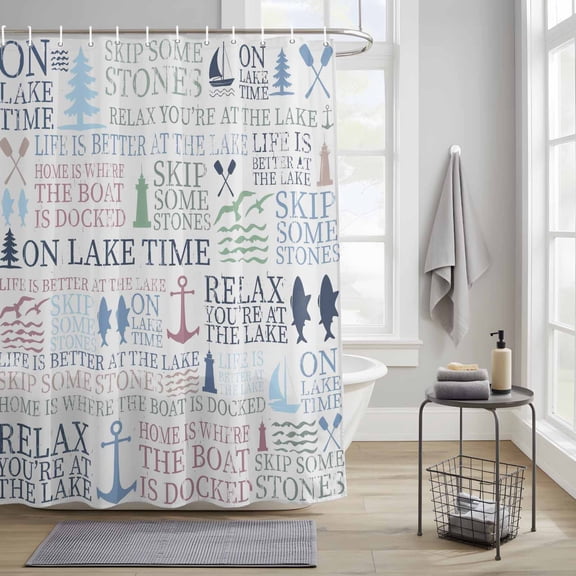 Lake Life Fabric Shower Curtain for Bathroom Colorful Word Pine Tree Boat Paddle Lighthouse Fish Waterproof Polyester Bath Curtain with 12 Hooks Washable Shower Curtain with Grommets 66"x72"