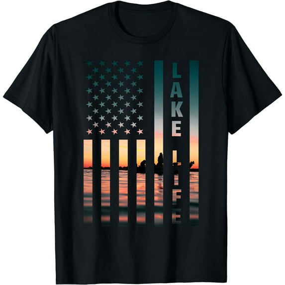 Lake Life Fisherman Sunset American Flag Bass Fishing Boat T-Shirt Black Small