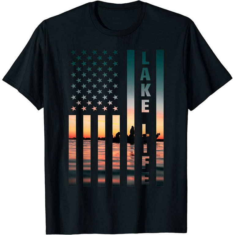 Lake Life Fisherman Sunset American Flag Bass Fishing Boat T-Shirt