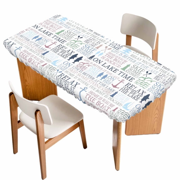 Lake Life Fitted Rectangle Tablecloth 24" x 36" Colorful Word Pine Tree Boat Paddle Lighthouse Fish Elastic Table Cloth Fits for 3 Foot Folding Tables Waterproof Table Cover for Picnic Camping
