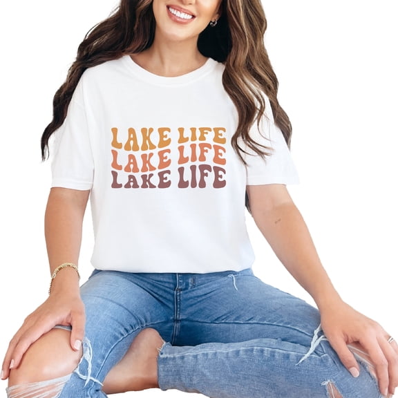 Lake Life, Groovy Retro Wavy Text, White Comfort Colors T-Shirt, Small