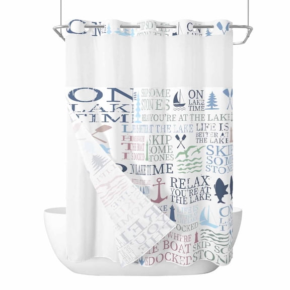 Lake Life No Hook Shower Curtain with Snap in Liner Colorful Word Pine Tree Boat Paddle Lighthouse Fish Waterproof Bathroom Shower Curtain with See Through Top Window for Bathtub 60" x 72"