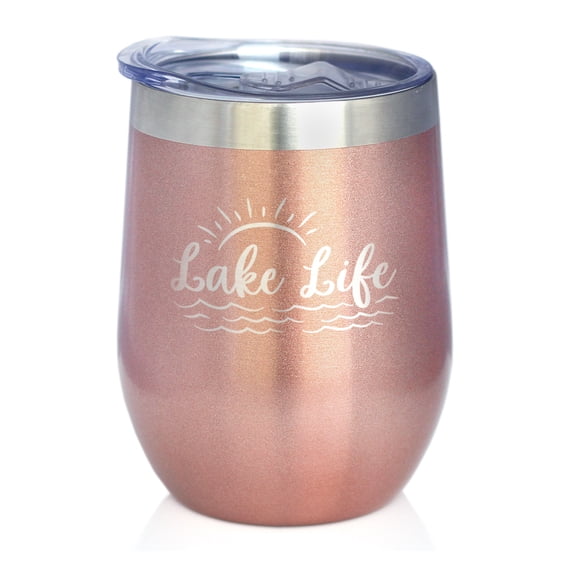 Lake Life - Insulated Wine Tumbler with Sliding Lid - Lake House Gifts - Rose Gold 12oz