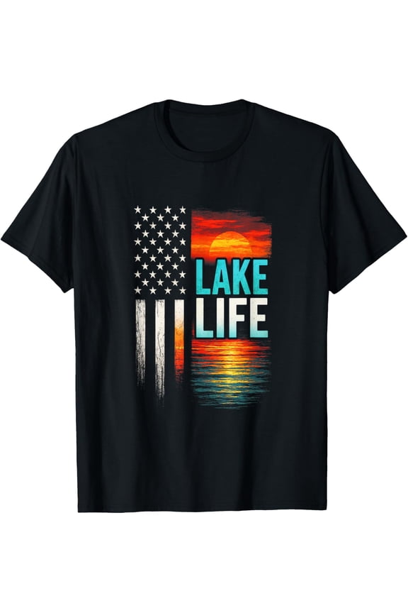 Lake Life - Lake Life Boating Fisherman Sunset T-Shirt- Classic Unisex 100% Cotton Crew Neck T-Shirt Breathable Casual Everyday Wear Affordable Graphic Free shipping t shirts