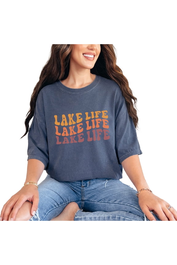 Lake Life, Lake Living Themed, Groovy Retro Wavy Text, Denim Comfort Colors T-Shirt, 3XL