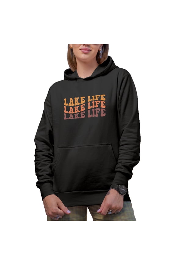 Lake Life, Lake Living Themed, Groovy Retro Wavy Text Merch Gift, Black Hooded Sweatshirt or Hoodie, Medium