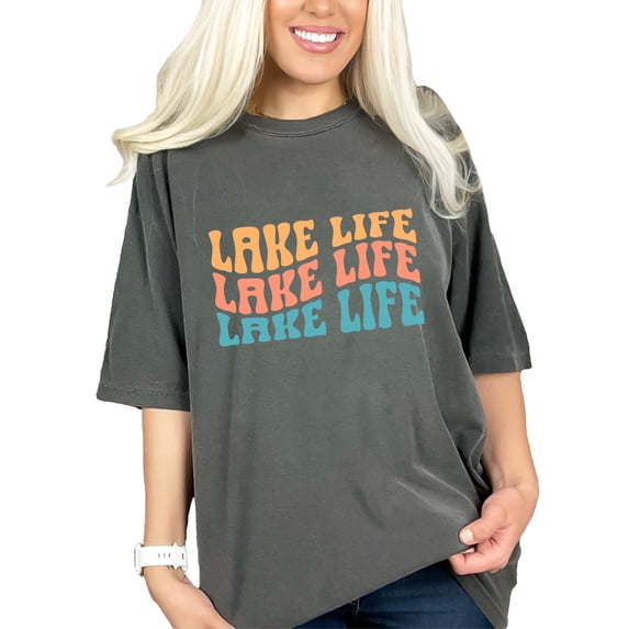 Lake Life, Lakeside Living Themed, Groovy Retro Wavy Text, Pepper Comfort Colors T-Shirt, XL
